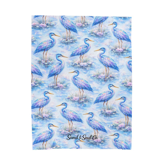 Heron Velveteen Plush Blanket — Soft Blue Coastal Bird Throw