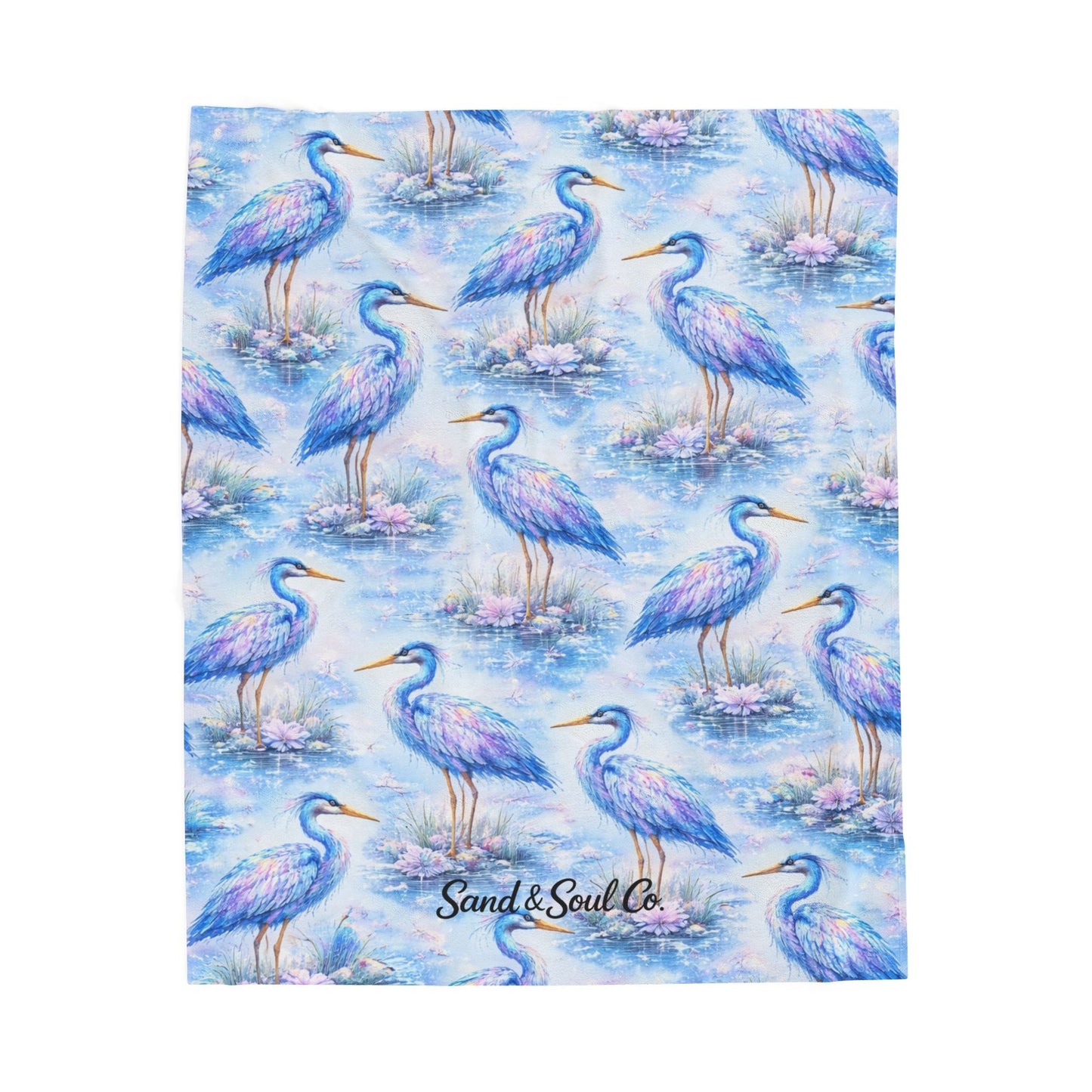Heron Velveteen Plush Blanket — Soft Blue Coastal Bird Throw