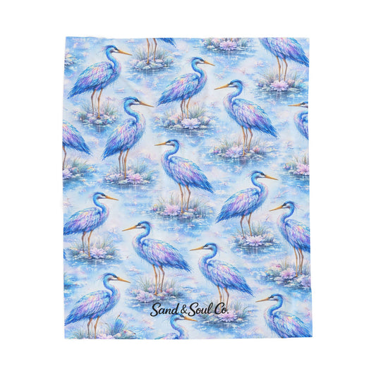 Heron Velveteen Plush Blanket — Soft Blue Coastal Bird Throw