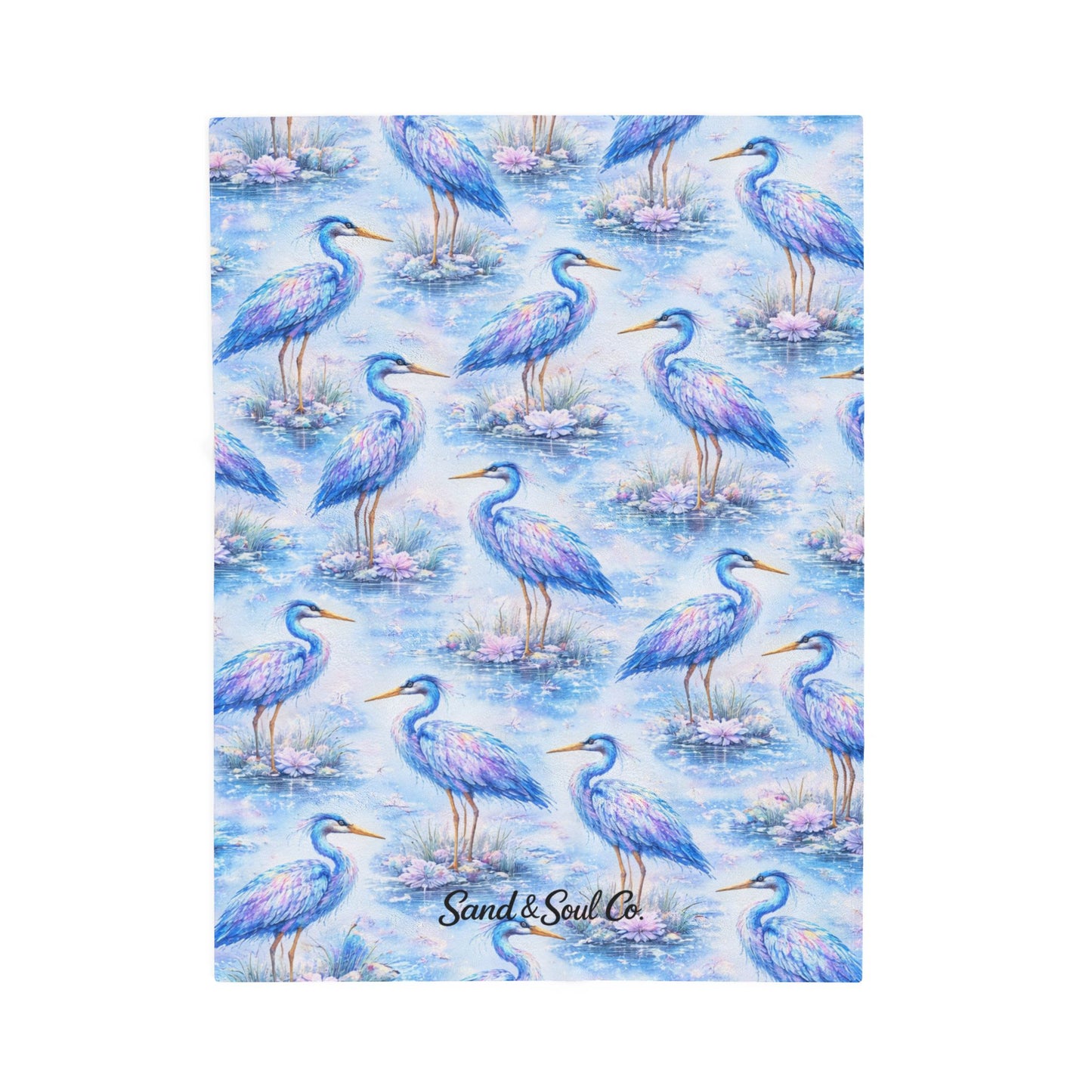 Heron Velveteen Plush Blanket — Soft Blue Coastal Bird Throw
